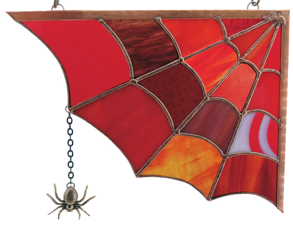 Stained Glass Right Corner Spiderweb - Mixed Red Glass & Copper