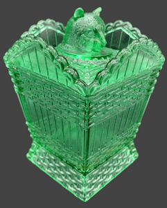 EAPG Greentown Uranium Glass Tall Cat on Hamper