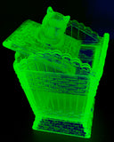 EAPG Greentown Uranium Glass Tall Cat on Hamper