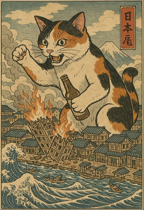 Cat Destroying City Ukiyo-E Poster