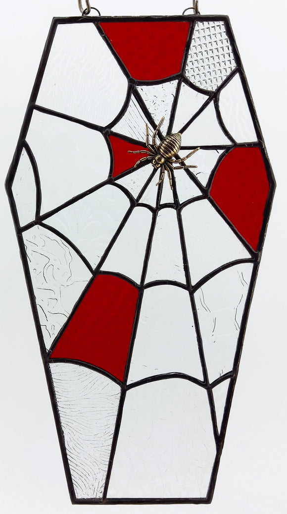 Stained Glass Spiderweb Coffin - Mixed Clear & Red Glass