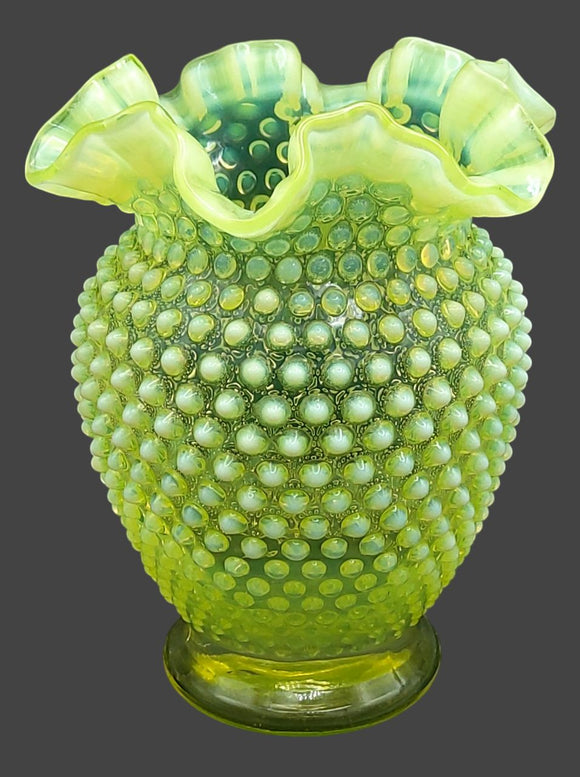 Fenton Opalescent Vaseline Glass Hobnail Vase