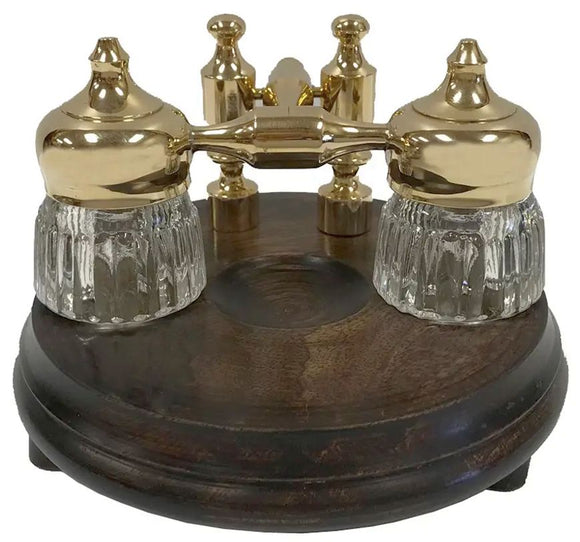Wood and Polished Solid Brass Dual Inkwell Stand