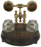 Wood and Polished Solid Brass Dual Inkwell Stand