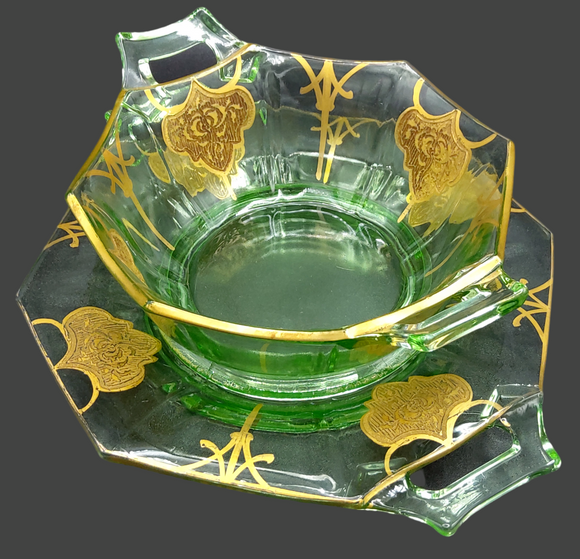 Gold Gilded Uranium Glass Mayonnaise Dish and Underplate