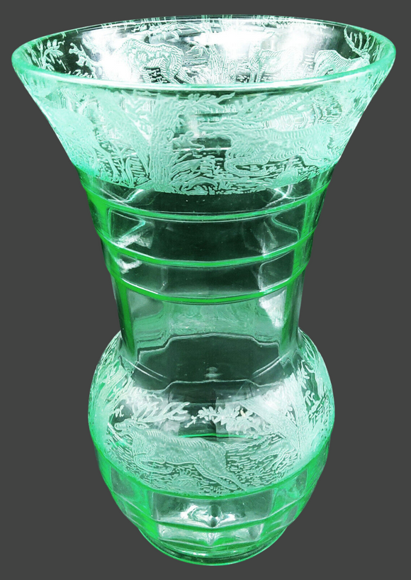 Etched Black Forest Uranium Glass Vase