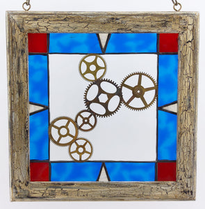 Steampunk-Inspired Brass Gear Stained Glass Framed Panel